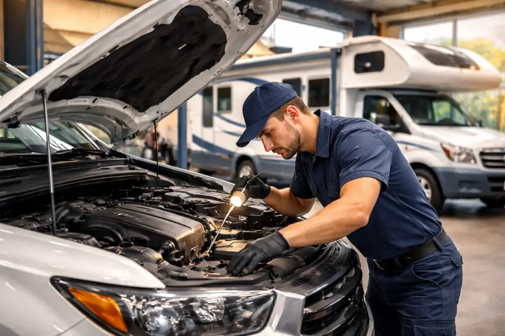 Mechanic performing inspection on vehicle covered under servtech warranty .