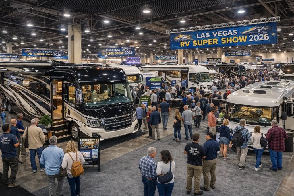 Las Vegas RV Super Show 2026 motorhomes and travel trailers inside convention center with large crowd